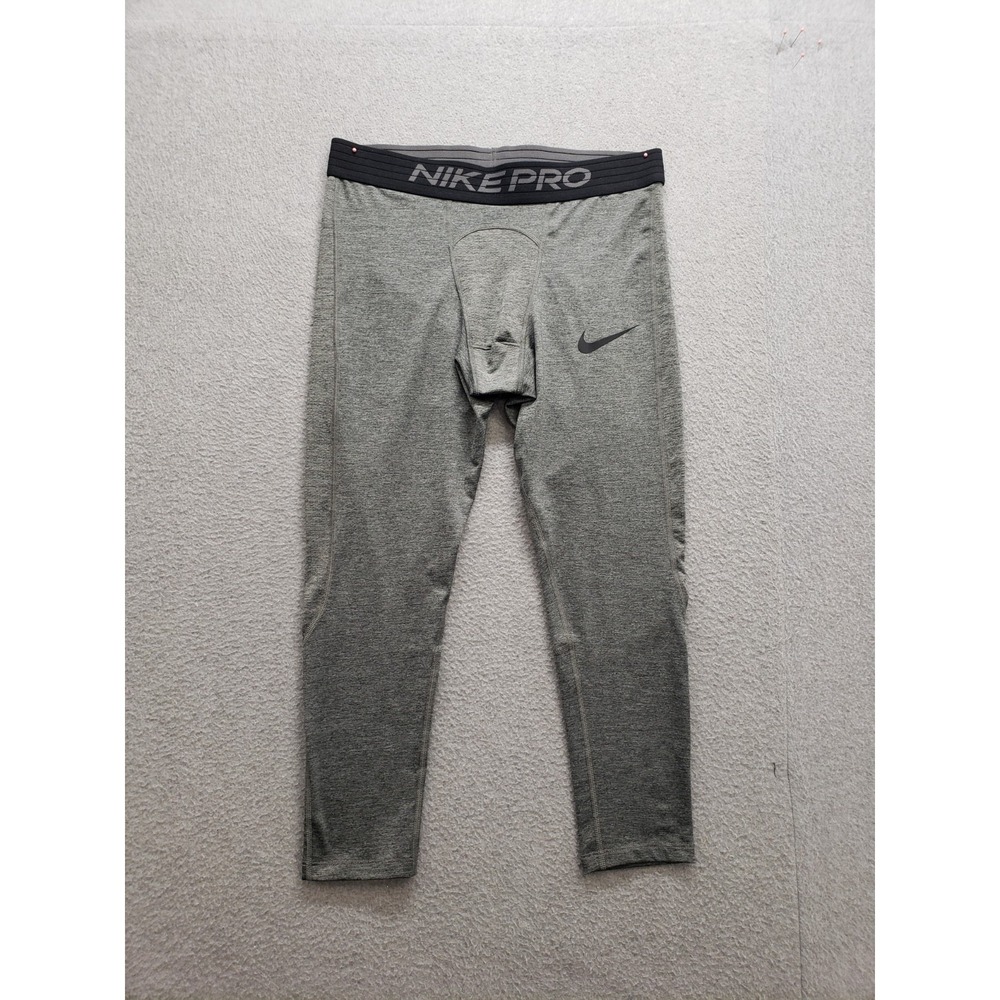 Nike Men Athletic Pant L Gray Dri Fit 3/4 Length Compression Tight Logo Pull On